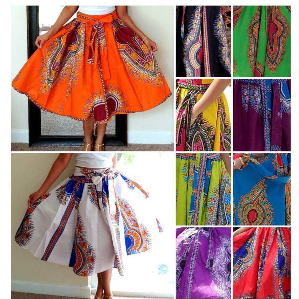Women's Short Dashiki Skirt One Size Cotton Pockets Midi African Print Skirt